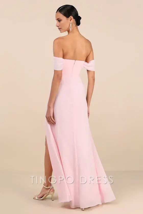 TingPo Wholesale Signature Elegance Magical Magnetism Light Pink Off-the-Shoulder Maxi Dress formal wear dresses 